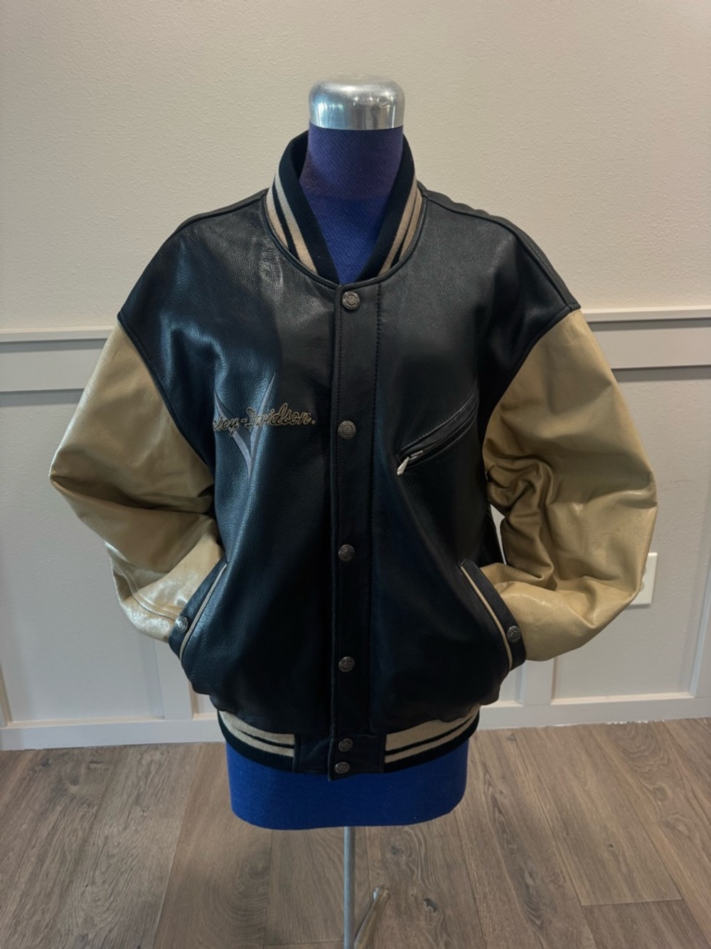 Harley-Davidson Black and Tan Leather Bomber Varsity Jacket
